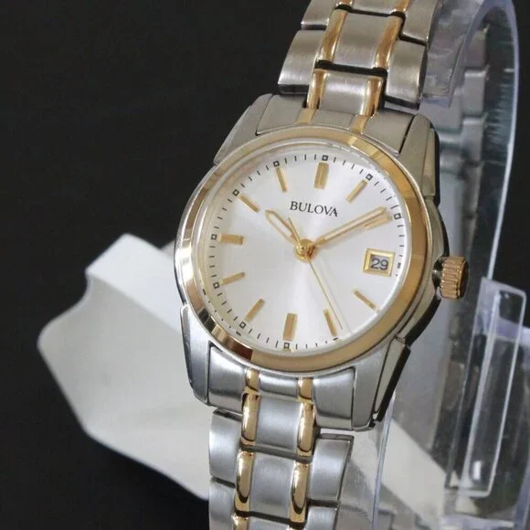 Bulova Women's Quartz Watch Two-Tone Case Silver Sunray Dial Date 26mm - Picture 7 of 13